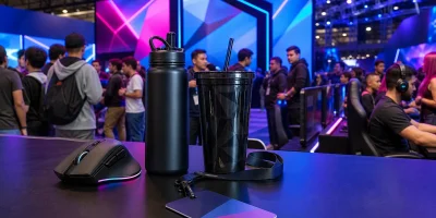 Mouse gamer, squeeze e copo reutilizável em estande de feira de games