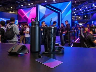 Mouse gamer, squeeze e copo reutilizável em estande de feira de games