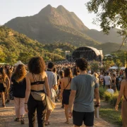 Público caminhando em festival de música ao ar livre entre montanhas