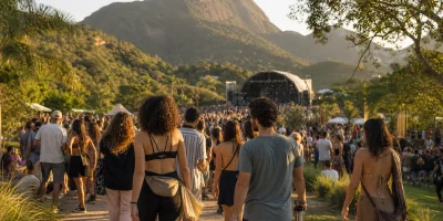 Público caminhando em festival de música ao ar livre entre montanhas