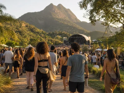 Público caminhando em festival de música ao ar livre entre montanhas