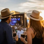 Público com copos reutilizáveis assiste a festival sertanejo ao pôr do sol