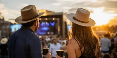 Público com copos reutilizáveis assiste a festival sertanejo ao pôr do sol