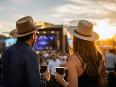 Público com copos reutilizáveis assiste a festival sertanejo ao pôr do sol