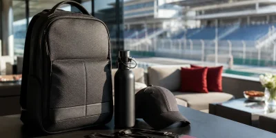 Mochila, garrafa e boné em lounge corporativo com vista para autódromo