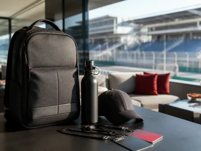 Mochila, garrafa e boné em lounge corporativo com vista para autódromo