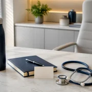 Garrafa térmica, caderno, caneta e estetoscópio em consultório médico