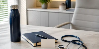 Garrafa térmica, caderno, caneta e estetoscópio em consultório médico