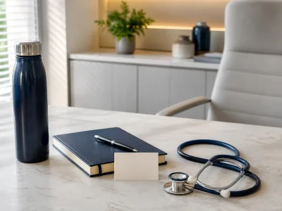 Garrafa térmica, caderno, caneta e estetoscópio em consultório médico