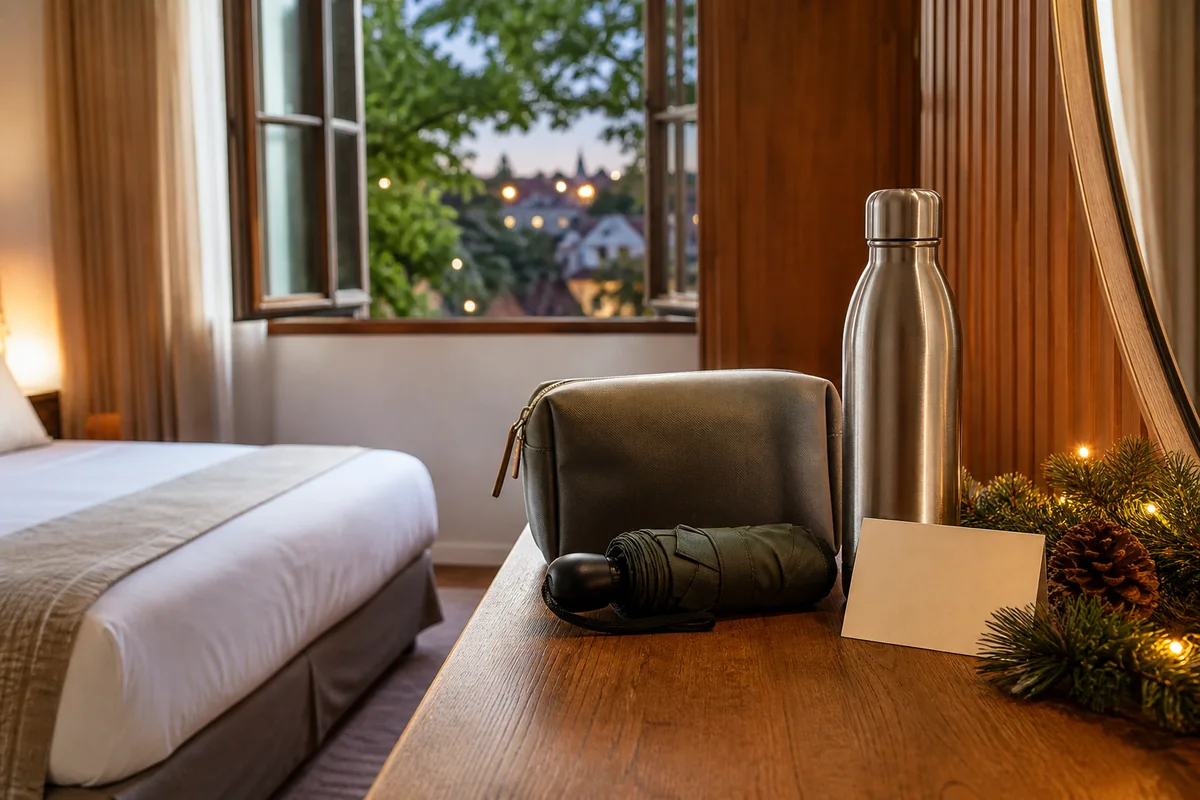 Kit de boas-vindas com garrafa, nécessaire e guarda-chuva em quarto de hotel de Gramado