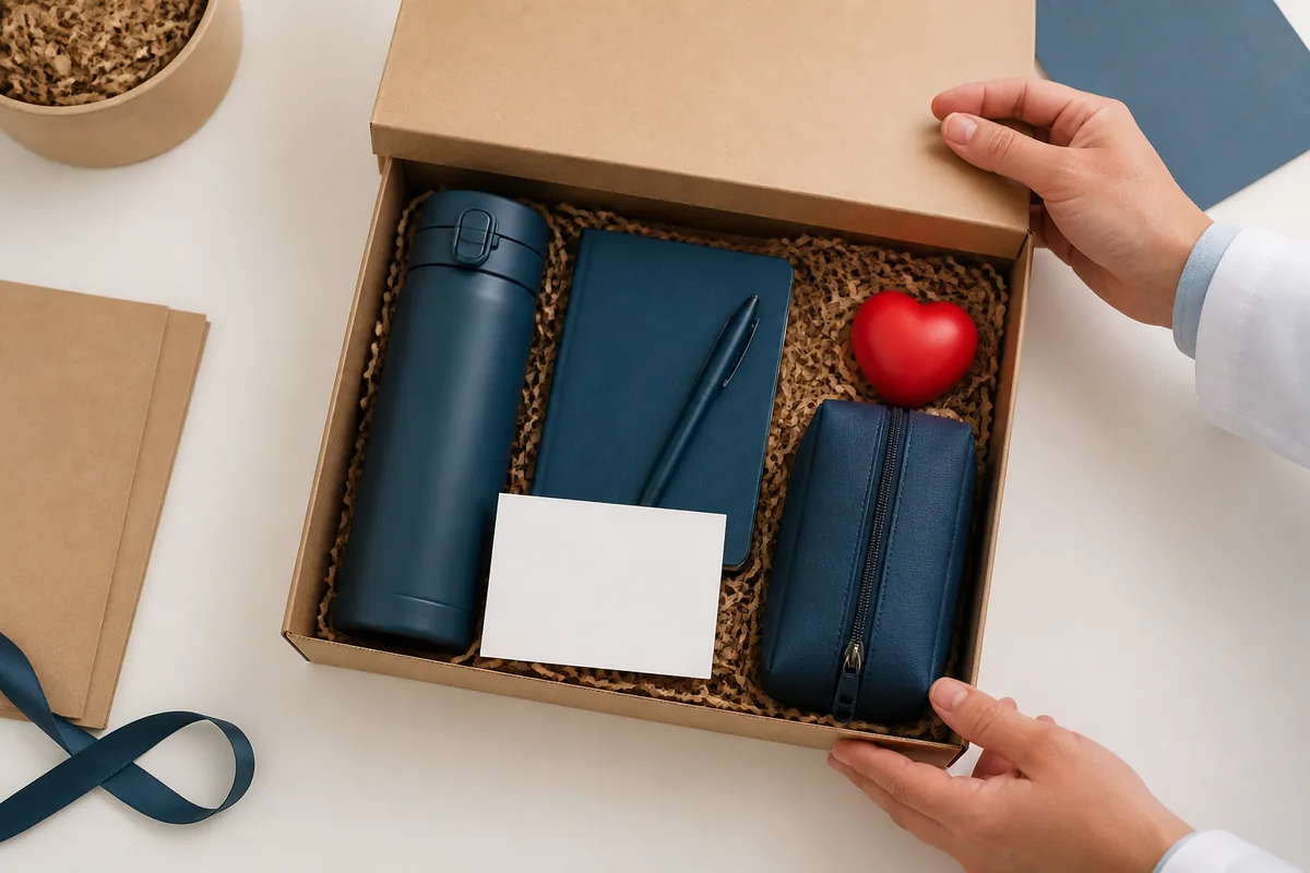 Kit para médicos com garrafa térmica, caderno, caneta, nécessaire e coração antiestresse
