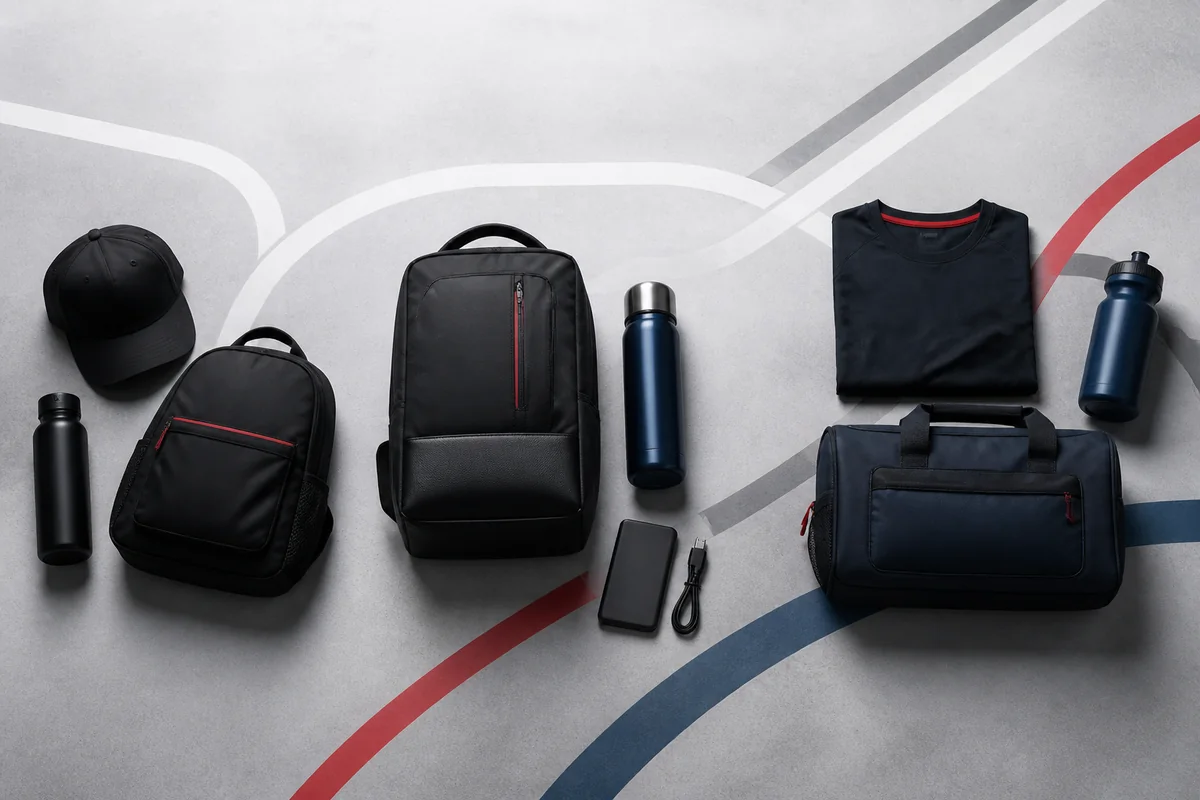 Três composições de kits corporativos com mochilas, garrafas, boné e camiseta