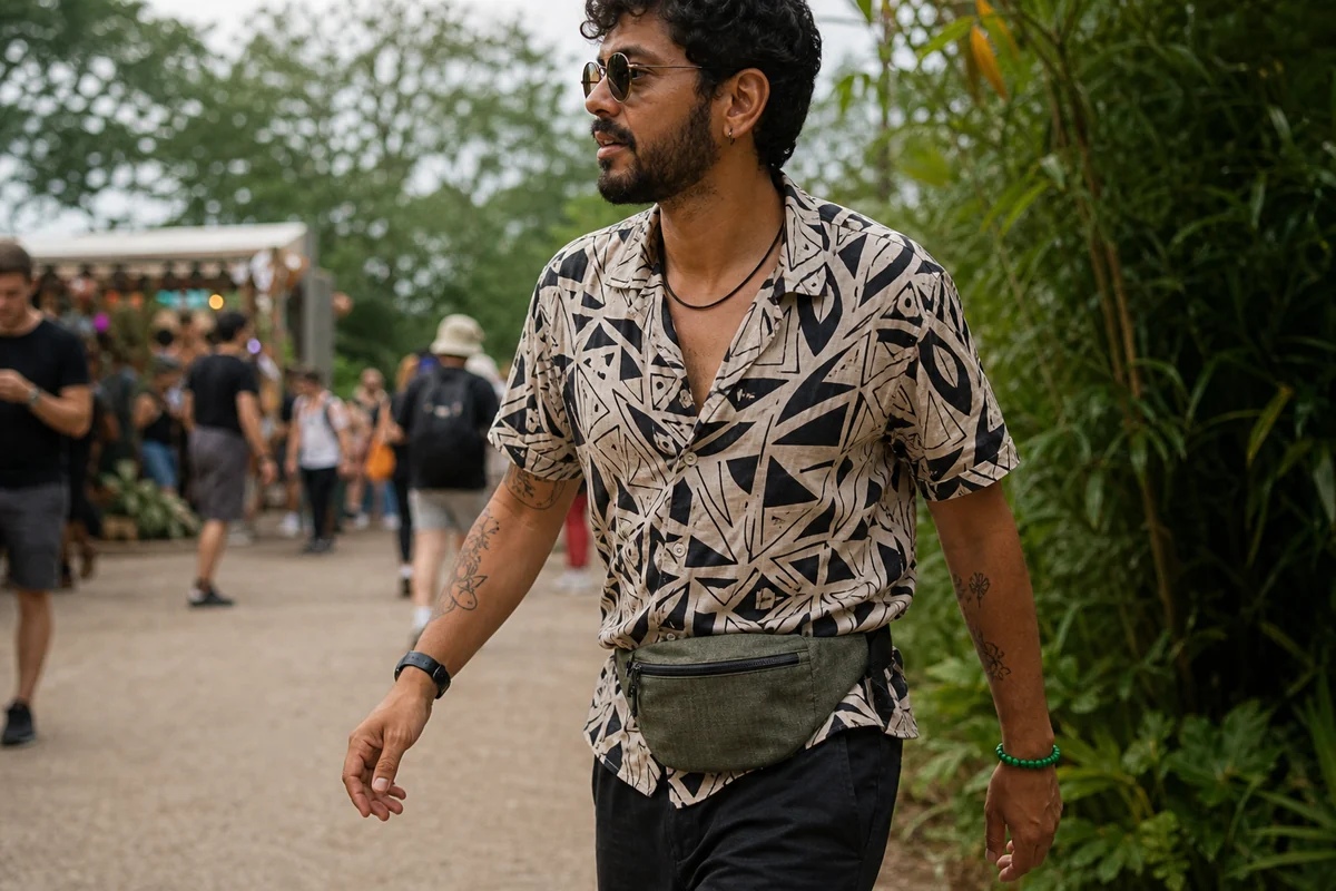 Participante usando pochete enquanto circula por festival ao ar livre