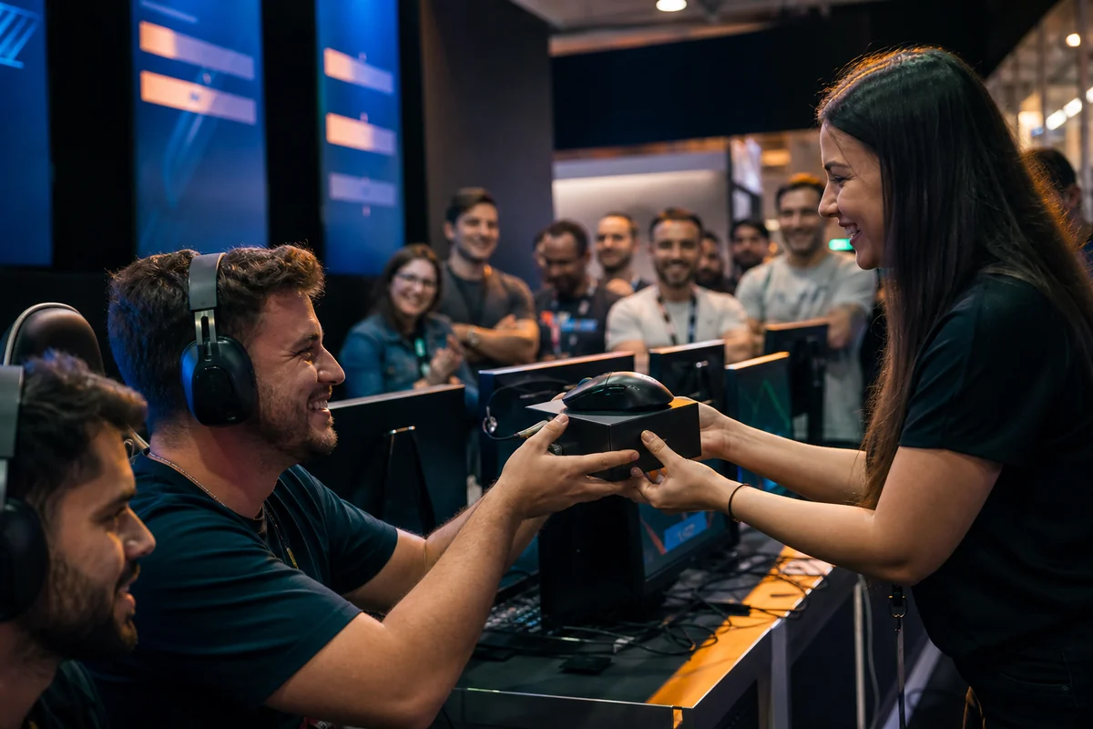 Participante recebe mouse gamer após desafio em estande de evento