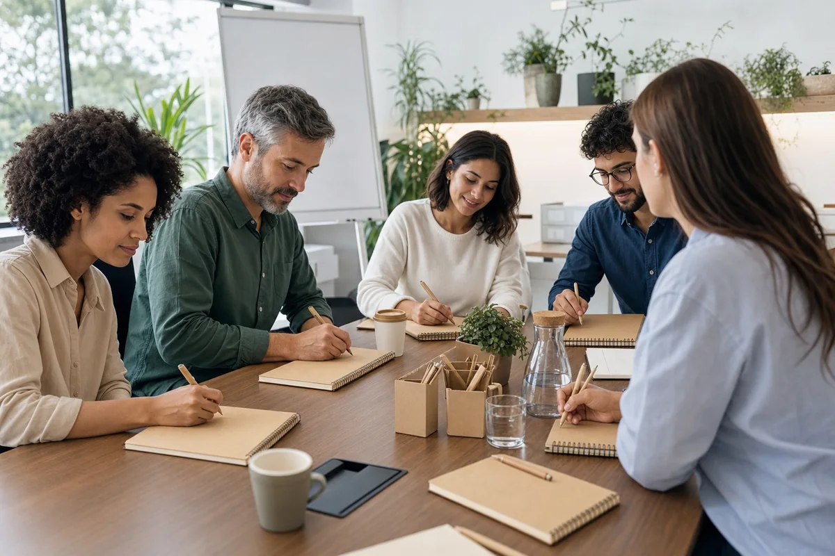 Profissionais fazem anotações em cadernos durante workshop corporativo