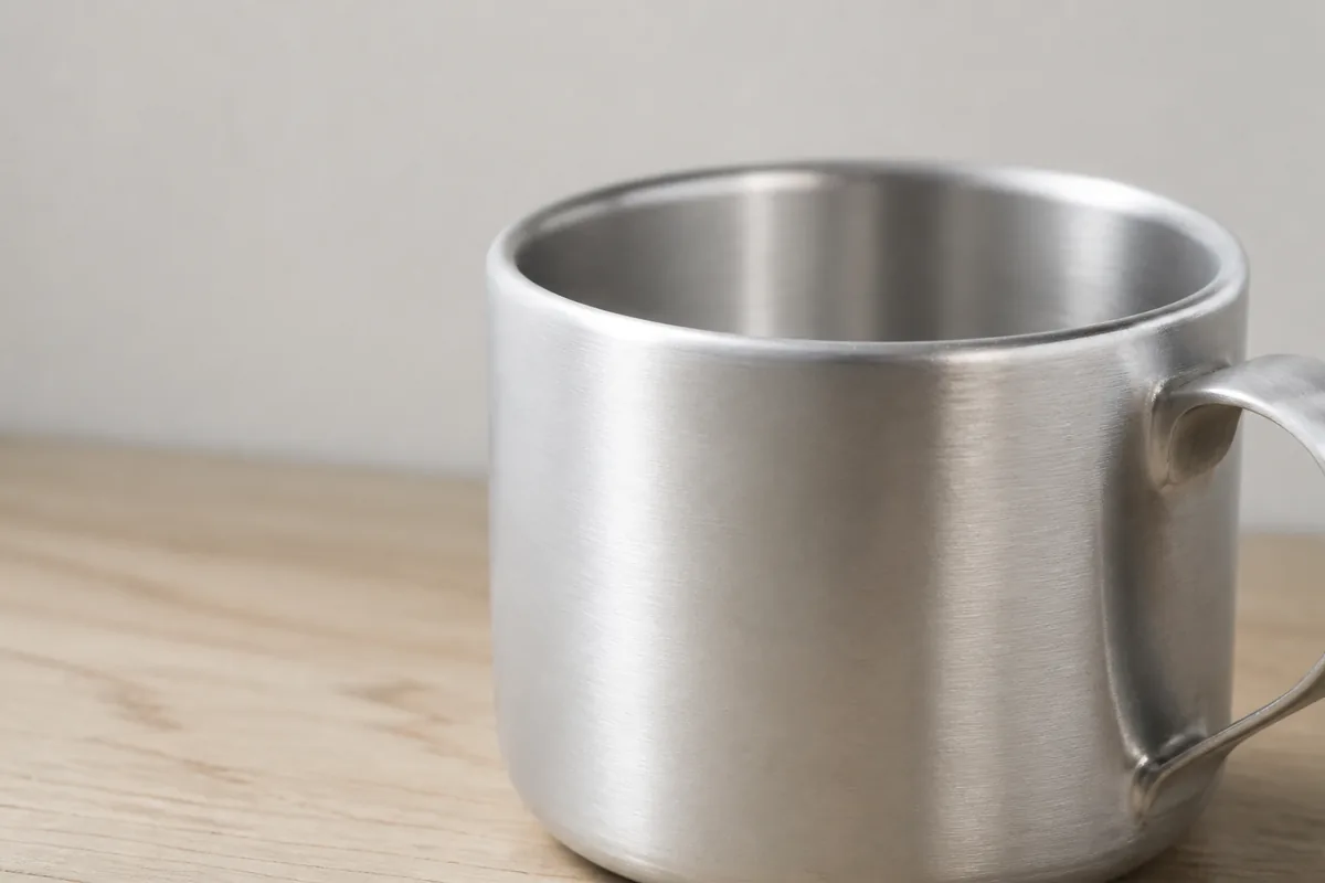 Detalhe da borda e da textura escovada de uma caneca de alumínio