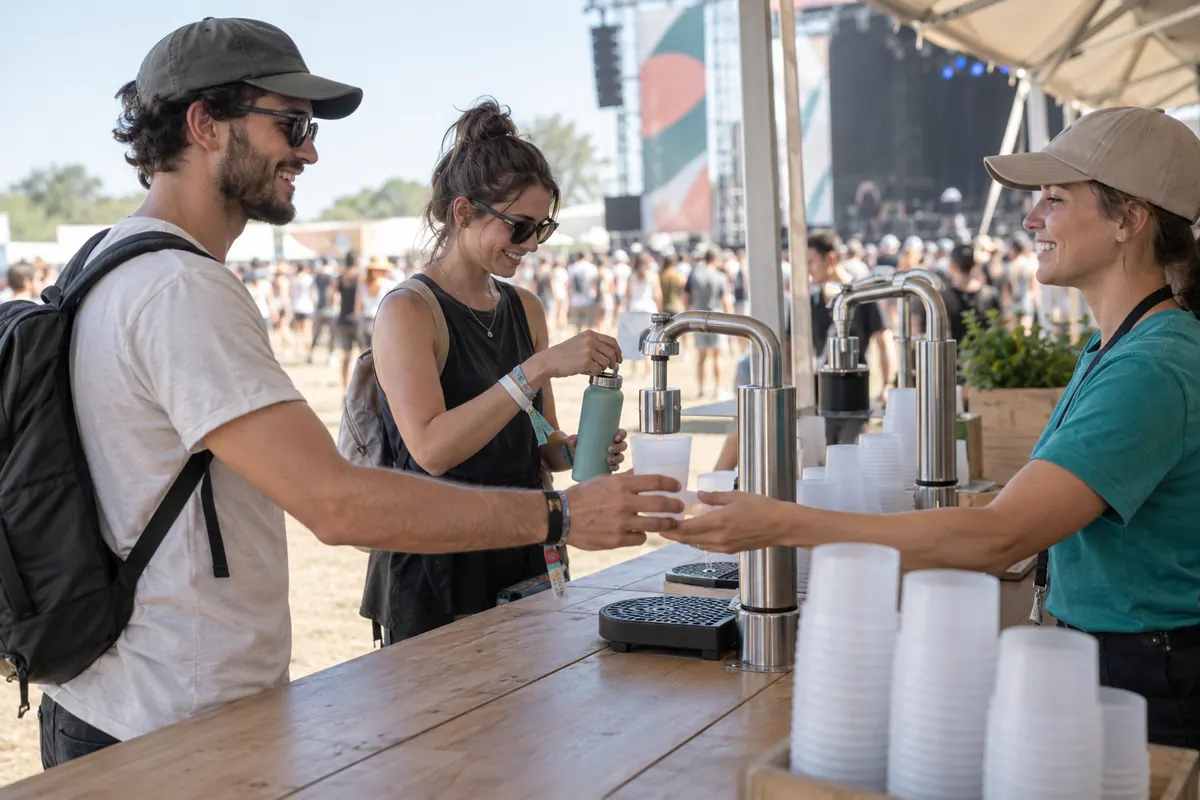 Participantes recebem copo reutilizável e abastecem garrafa em estação de hidratação no festival