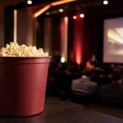 Balde de pipoca em primeiro plano durante evento corporativo com sessão audiovisual