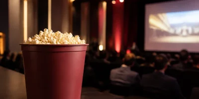 Balde de pipoca em primeiro plano durante evento corporativo com sessão audiovisual