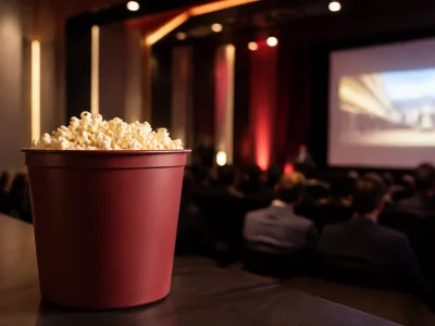 Balde de pipoca em primeiro plano durante evento corporativo com sessão audiovisual