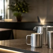 Caneca, copo e balde de alumínio sobre balcão de evento corporativo
