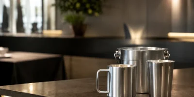 Caneca, copo e balde de alumínio sobre balcão de evento corporativo