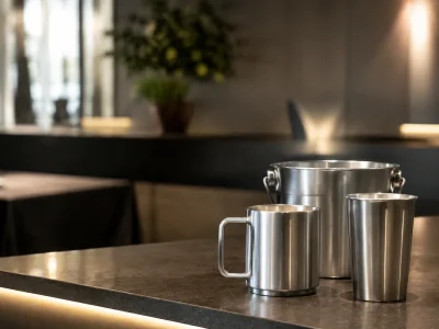 Caneca, copo e balde de alumínio sobre balcão de evento corporativo