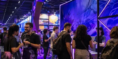 Visitantes participam de uma ativação de marca em evento de cultura pop