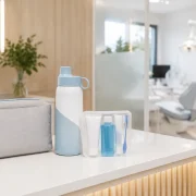 Nécessaire, garrafa reutilizável e kit de cuidados em recepção de clínica odontológica