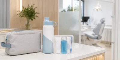 Nécessaire, garrafa reutilizável e kit de cuidados em recepção de clínica odontológica