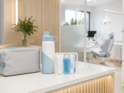 Nécessaire, garrafa reutilizável e kit de cuidados em recepção de clínica odontológica