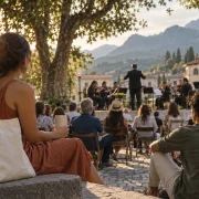 Público assiste a uma pequena orquestra ao ar livre, com bolsa de tecido e copo durante o festival