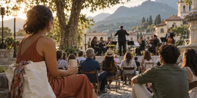 Público assiste a uma pequena orquestra ao ar livre, com bolsa de tecido e copo durante o festival