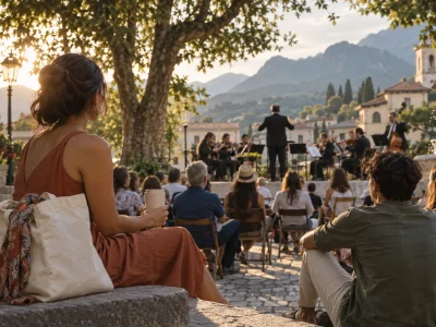 Público assiste a uma pequena orquestra ao ar livre, com bolsa de tecido e copo durante o festival