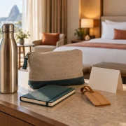 Kit de boas-vindas com garrafa, nécessaire, caderno e identificador de bagagem em quarto de hotel