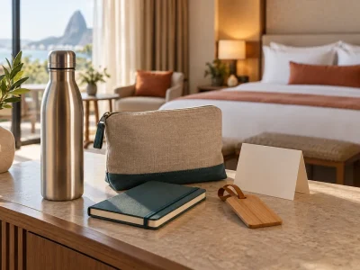 Kit de boas-vindas com garrafa, nécessaire, caderno e identificador de bagagem em quarto de hotel