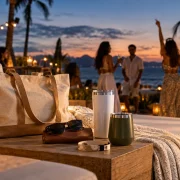 Brindes de verão com copos e ecobag em celebração à beira-mar