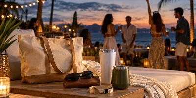 Brindes de verão com copos e ecobag em celebração à beira-mar