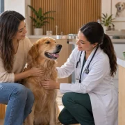 Médica-veterinária atende um cão ao lado da tutora em clínica com brindes para pets