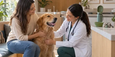 Médica-veterinária atende um cão ao lado da tutora em clínica com brindes para pets