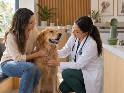 Médica-veterinária atende um cão ao lado da tutora em clínica com brindes para pets