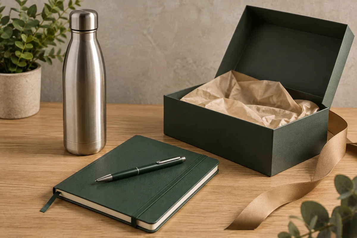 Garrafa de inox, caderno executivo e caixa de presente preparados para uma ação de fidelização