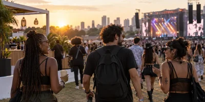 Público circulando em festival de música ao ar livre com copos e garrafa reutilizável