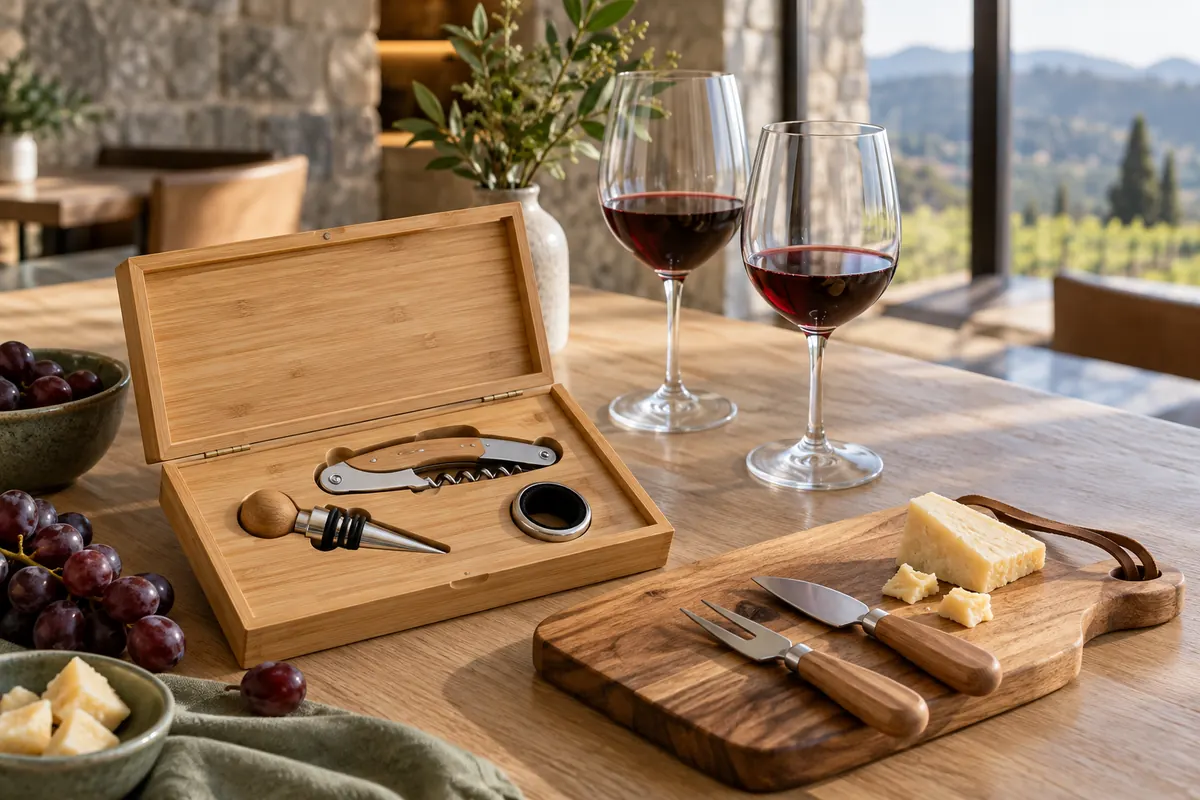Kit de vinho em bambu e tábua para queijos em composição gastronômica
