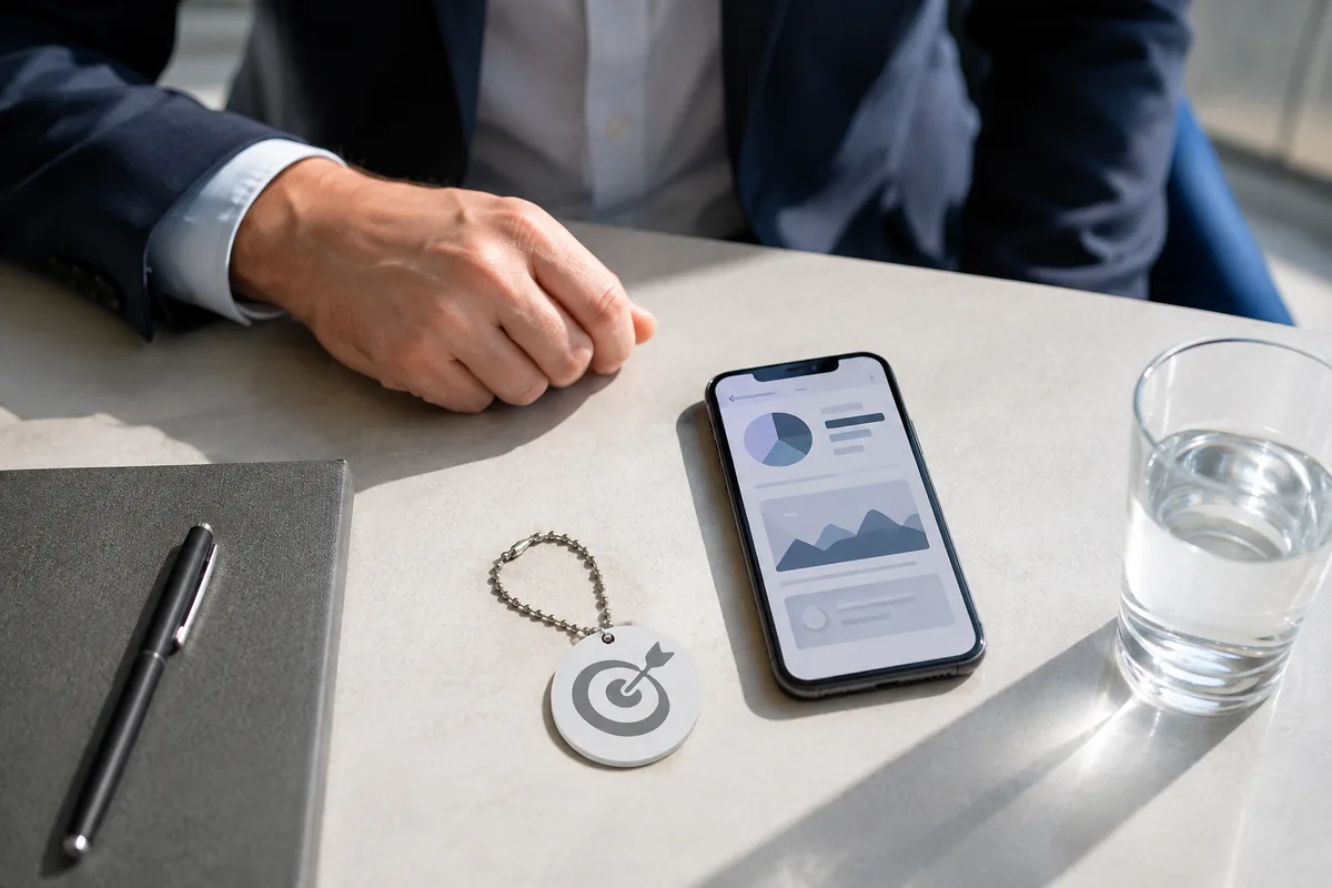 Chaveiro NFC ao lado de celular com conteúdo educativo financeiro em uma mesa de reunião