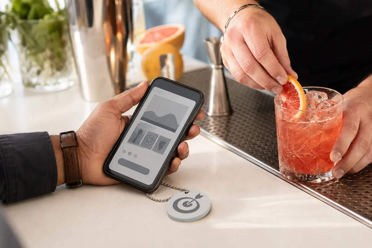 Pessoa aproxima o celular de um chaveiro NFC enquanto um novo drink é preparado
