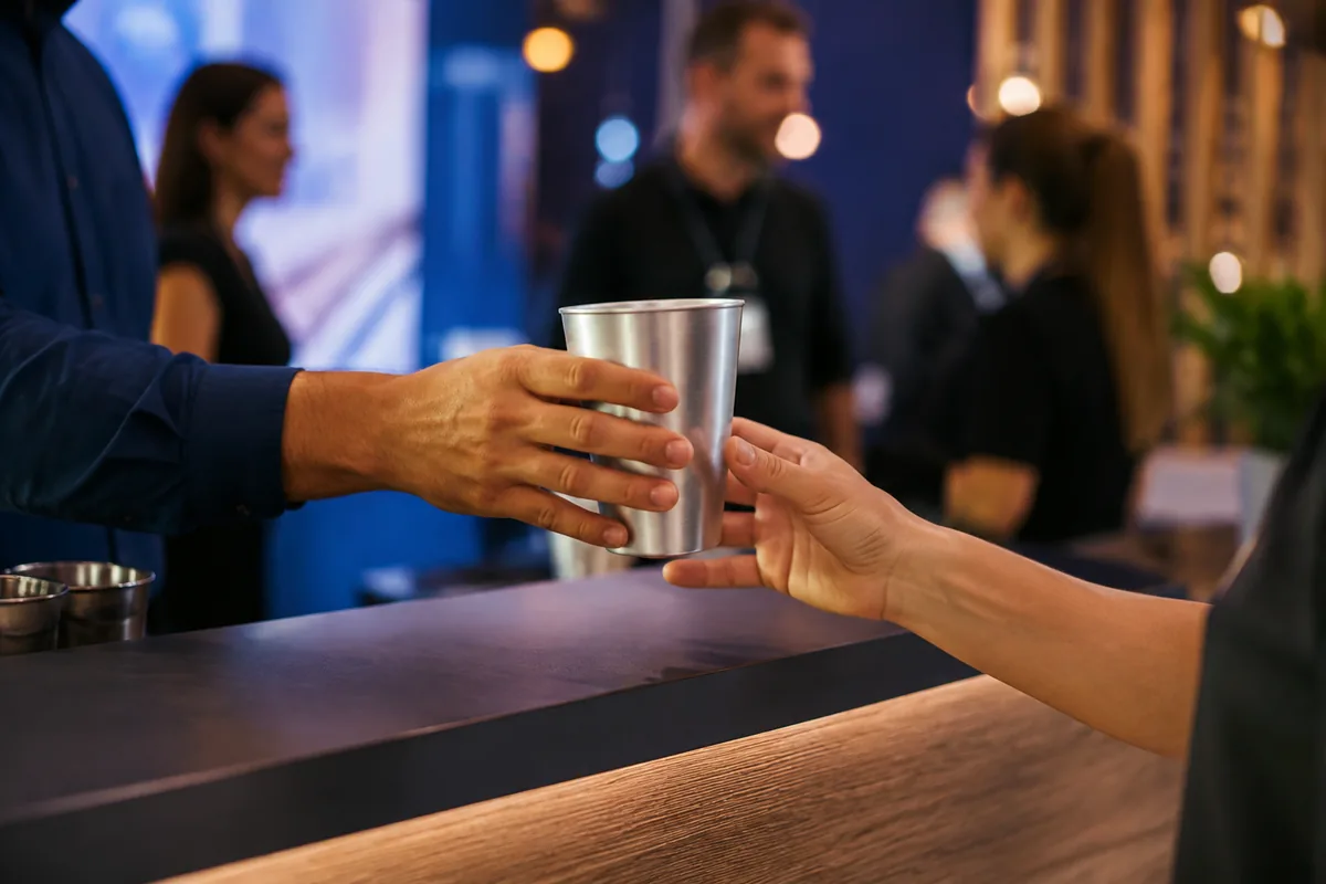 Pessoa recebendo um copo de alumínio em um evento corporativo