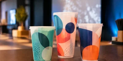 Três copos personalizados com grafismos coloridos em um evento corporativo