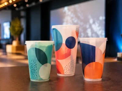 Três copos personalizados com grafismos coloridos em um evento corporativo