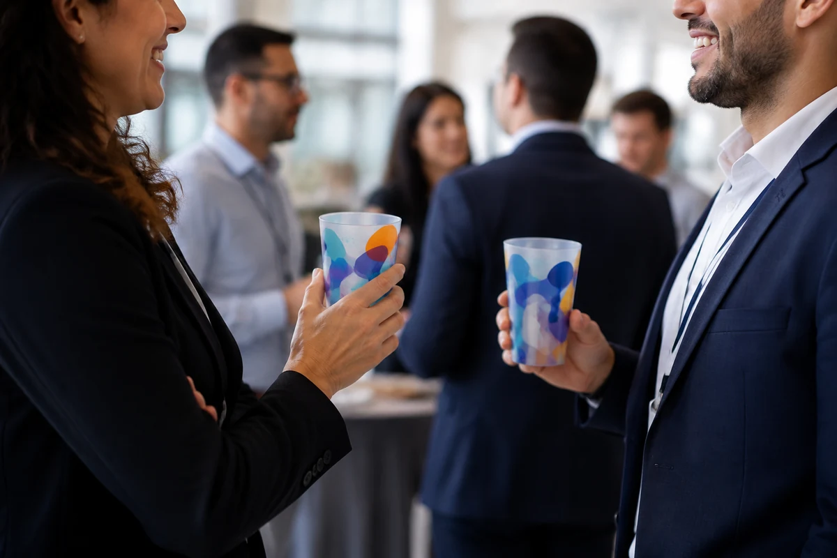 Participantes conversam em evento corporativo segurando copos personalizados com grafismos coloridos